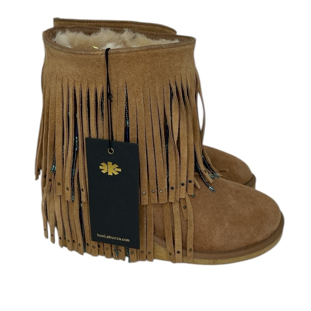 UGG Koolaburra Tan Suede Fringe Ankle Boots Beaded NWT Shearling Size 6 RARE